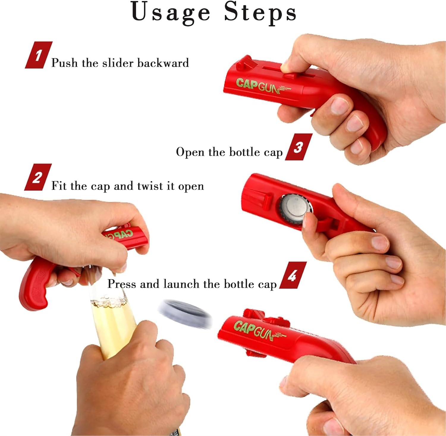 Bottle Opener with Cap Launcher – Funny Shooting Gun for Parties, BBQ, Tailgates – Unique Beer Cap Shooter Gadget for Men – Cool Gifts for Dad, Husband, Him on Birthday, Father's Day(Red+Blue)