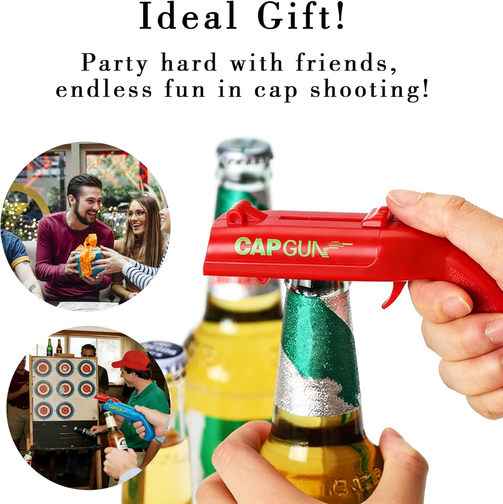 Bottle Opener with Cap Launcher – Funny Shooting Gun for Parties, BBQ, Tailgates – Unique Beer Cap Shooter Gadget for Men – Cool Gifts for Dad, Husband, Him on Birthday, Father's Day(Red+Blue)