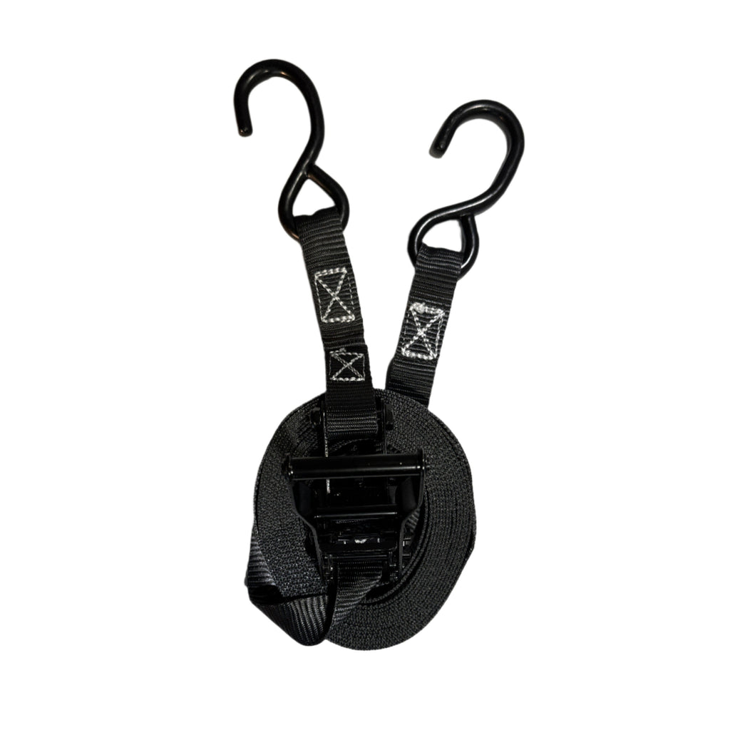 1" Black Ratchet Strap w/Vinyl S Hook  | LENGTH OPTIONS
