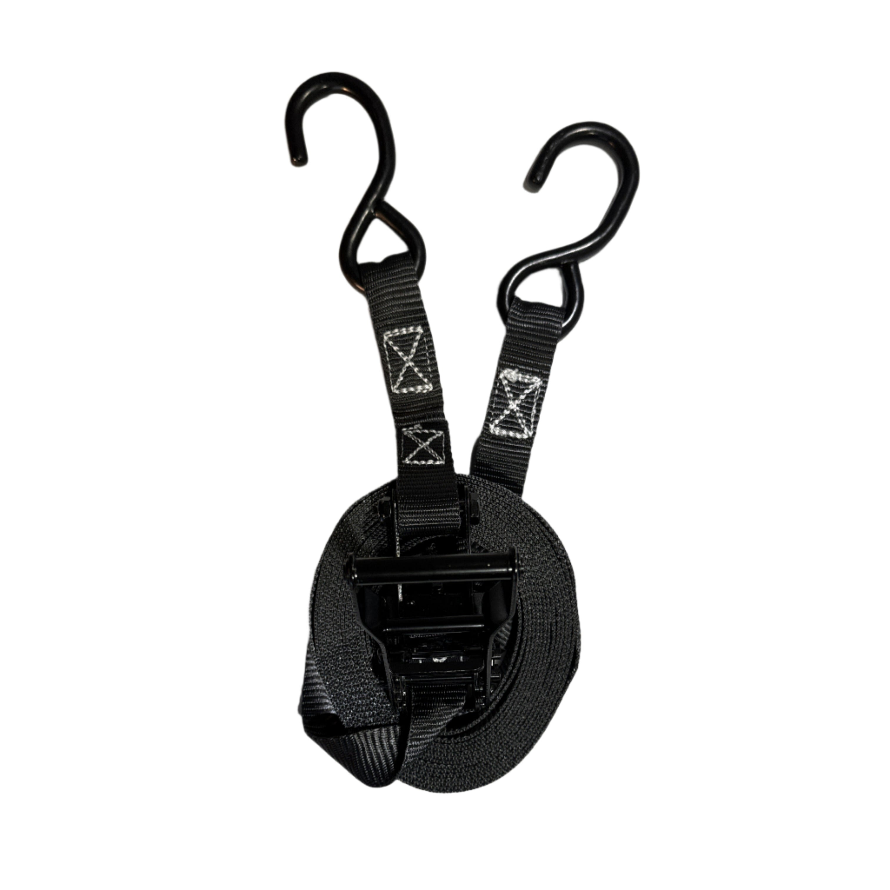 1" Black Ratchet Strap w/Vinyl S Hook  | LENGTH OPTIONS